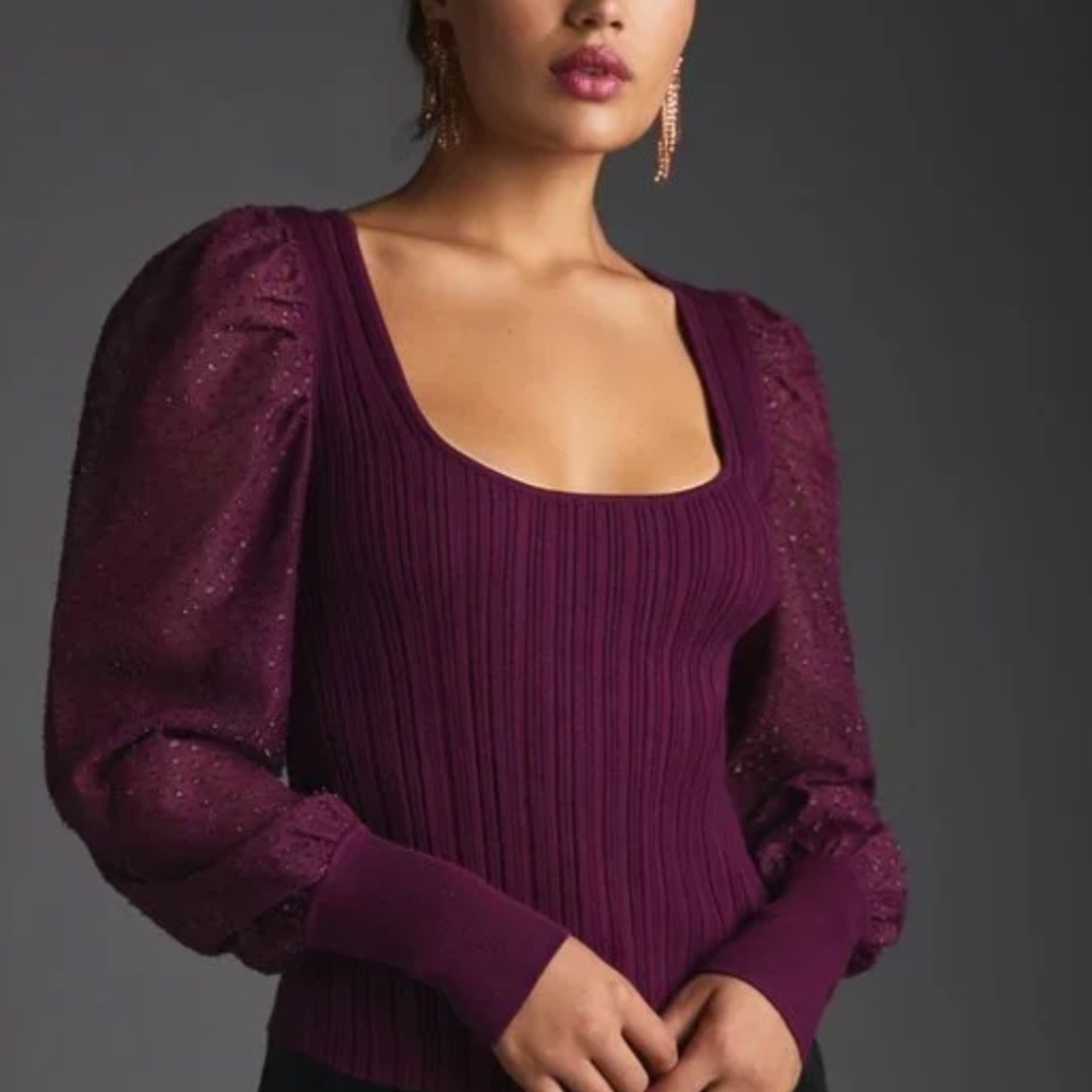 Anthropologie Purple Plum Puff-Sleeve Shimmer Sweater